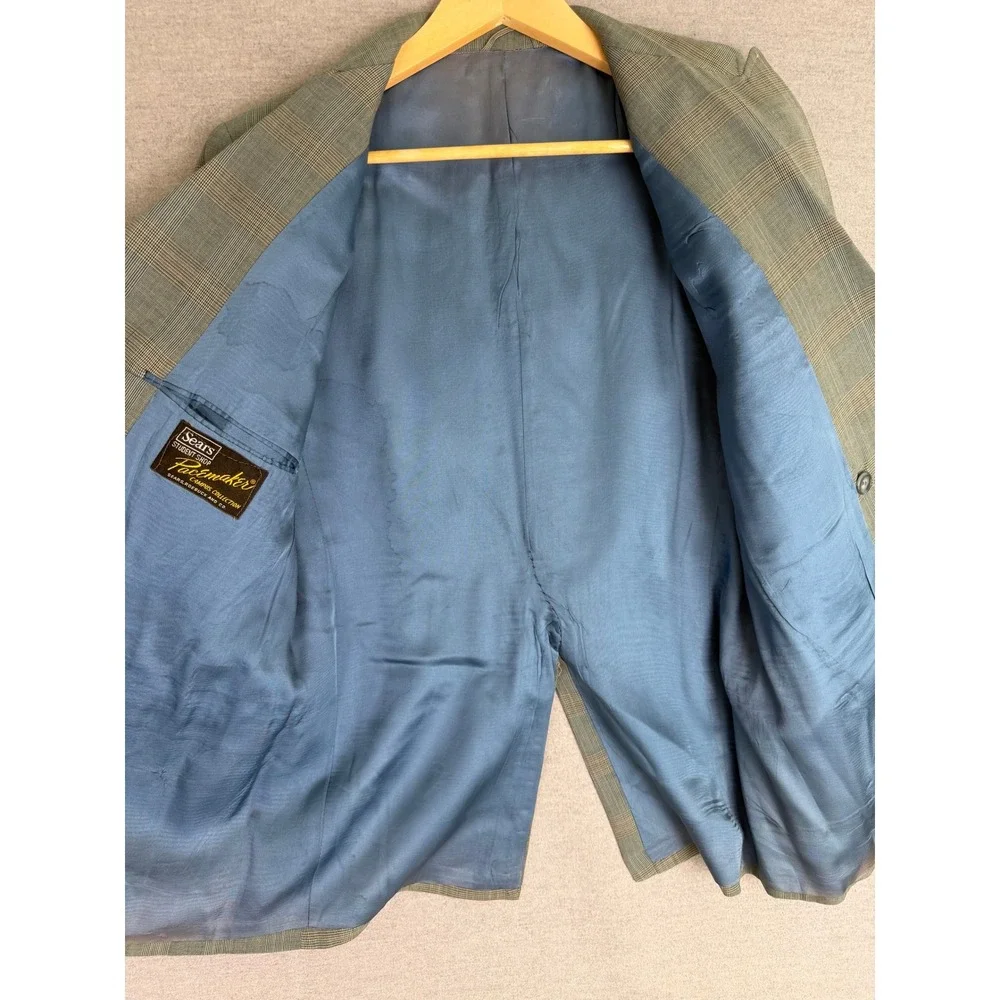 Vintage 60s Sears Pacemaker‎ Double Breasted Glen Plaid Blazer Grey Blue 36S